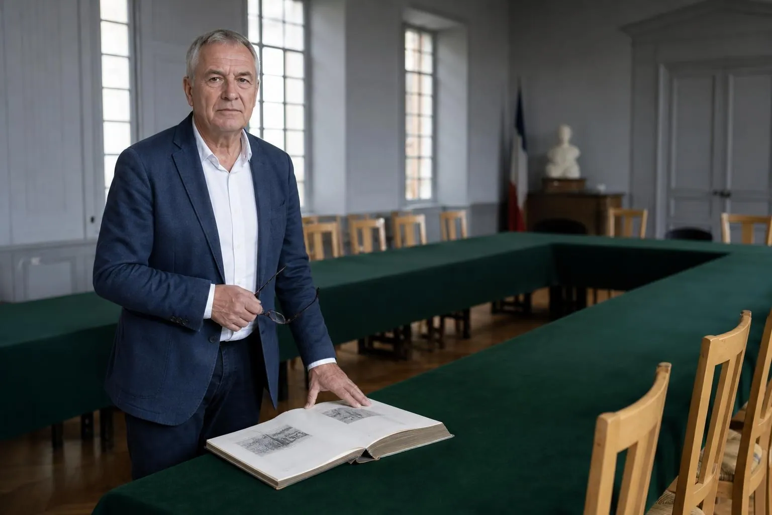 Un élu debout à l’extrémité de la table du conseil municipal, la main posée sur un recueil relié ouvert dans une salle vide.