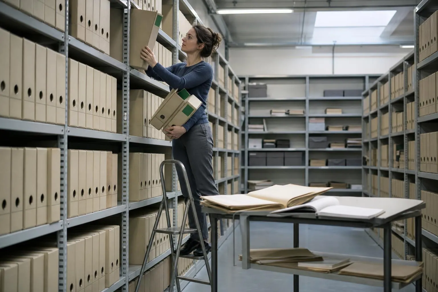 Une agente sur un escabeau extrait un classeur à levier d’un rayonnage métallique dans le local d’archives d’une mairie.