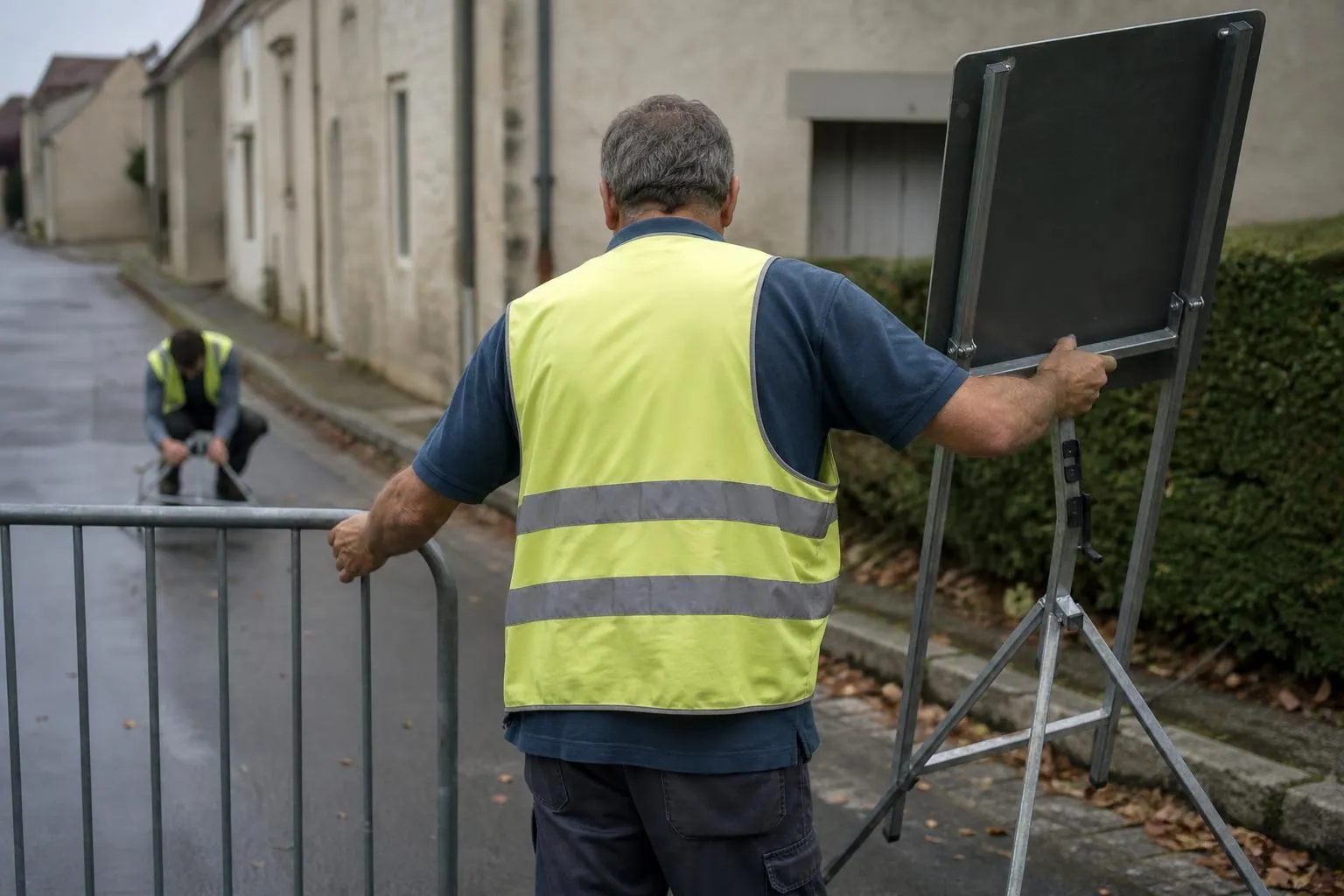 Deux agents des services techniques installent une barrière métallique et un trépied de signalisation temporaire dans une rue de village.