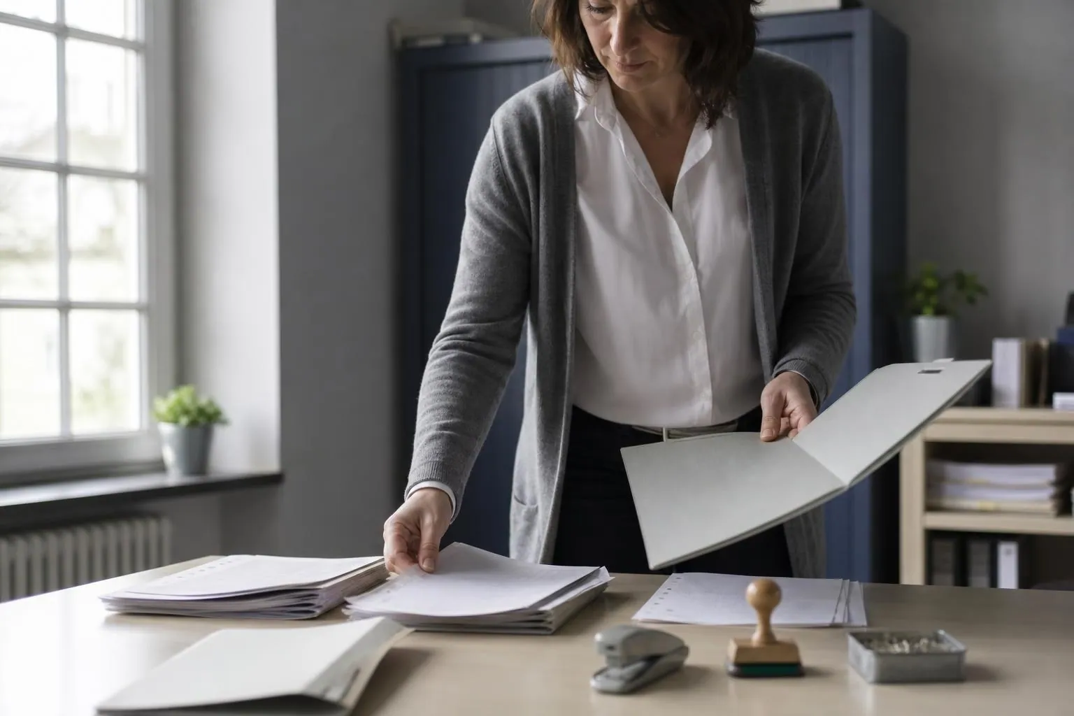 Une secrétaire de mairie répartit en trois piles les feuillets d’un dossier de manifestation posé sur sa table de travail.