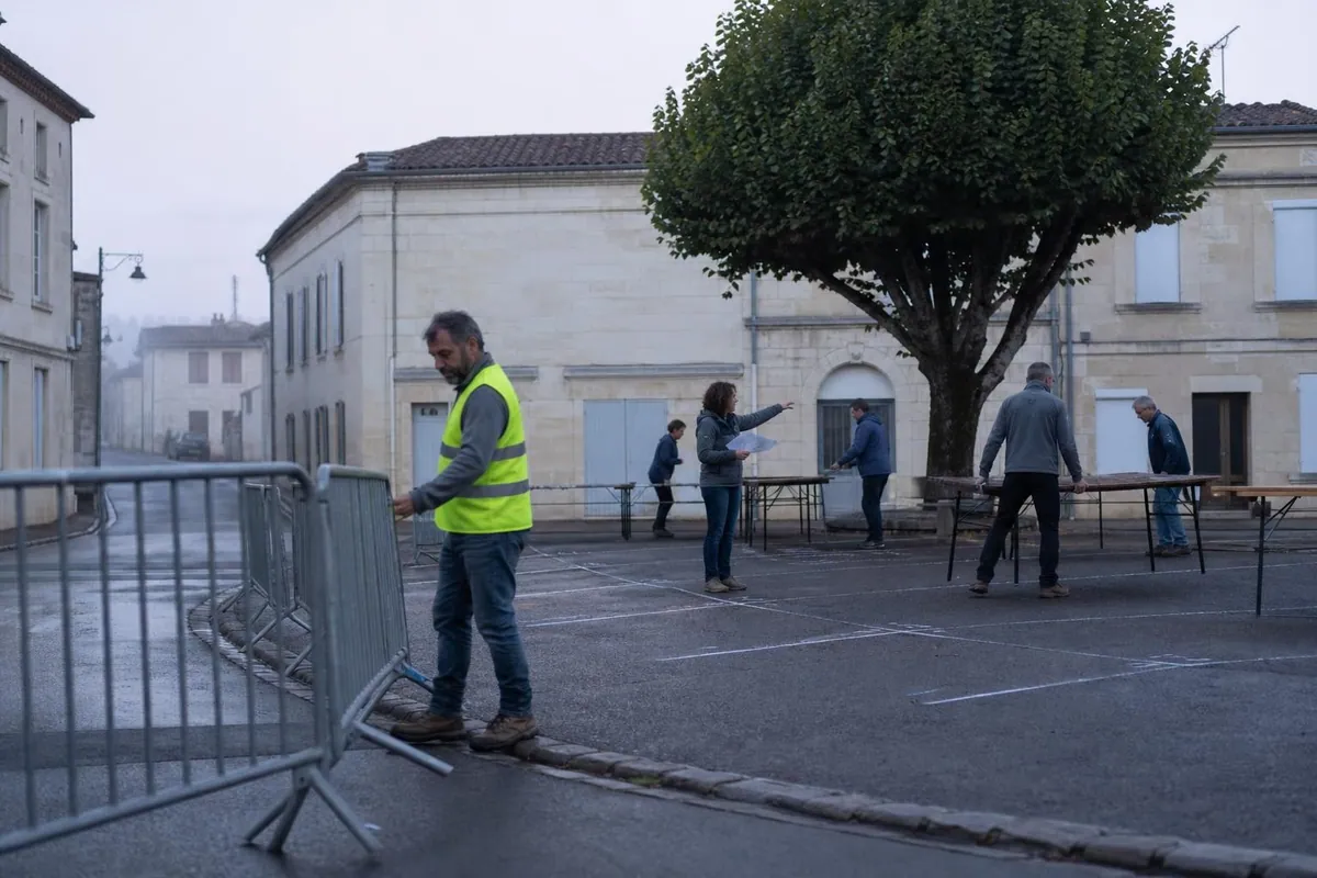 Bénévoles installant des tréteaux et des barrières de sécurité sur la place d'un village français au petit matin, avant l'ouverture d'un vide grenier